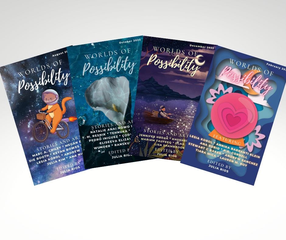 the first four magazine issue covers of Worlds of Possibiliy in a fan shape