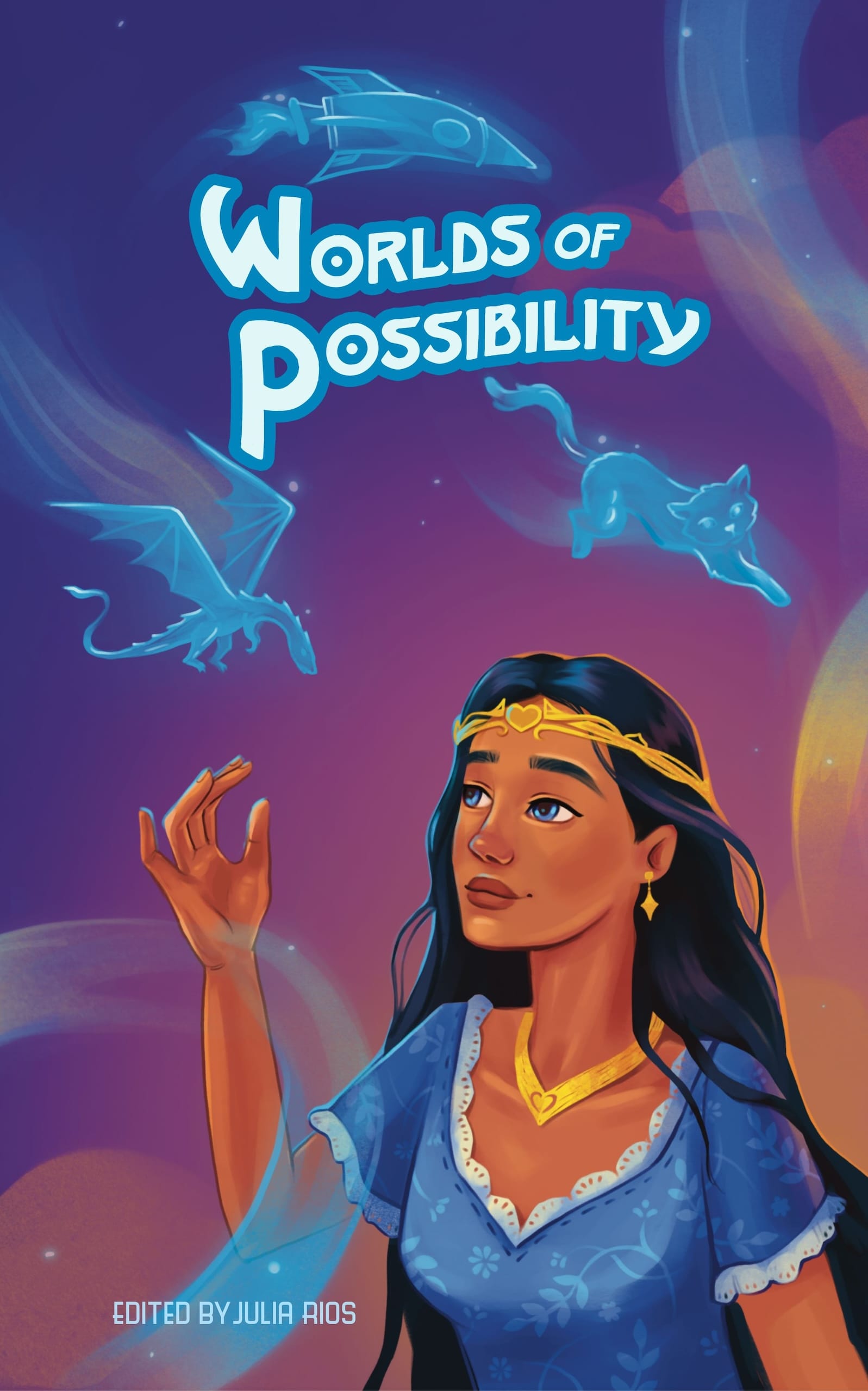 Worlds of Possibility Volume 2 featuring cover art by Julia Kim of a woman looking up and a dragon, a rocket, and a cat.