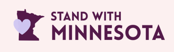 Stand with Minnesota logo featuring the state of Minnesota in purple with a lavender heart overtop.