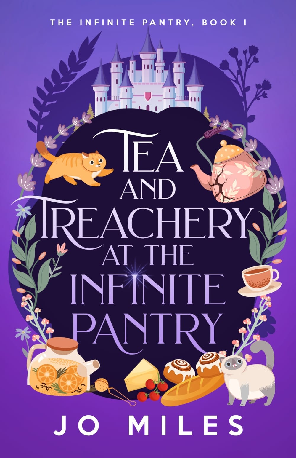 Cover of Tea and Treachery at the Infinite Pantry by Jo Miles featuring a collage of cozy things like cats and tea and cinnamon rolls on a purple background. 