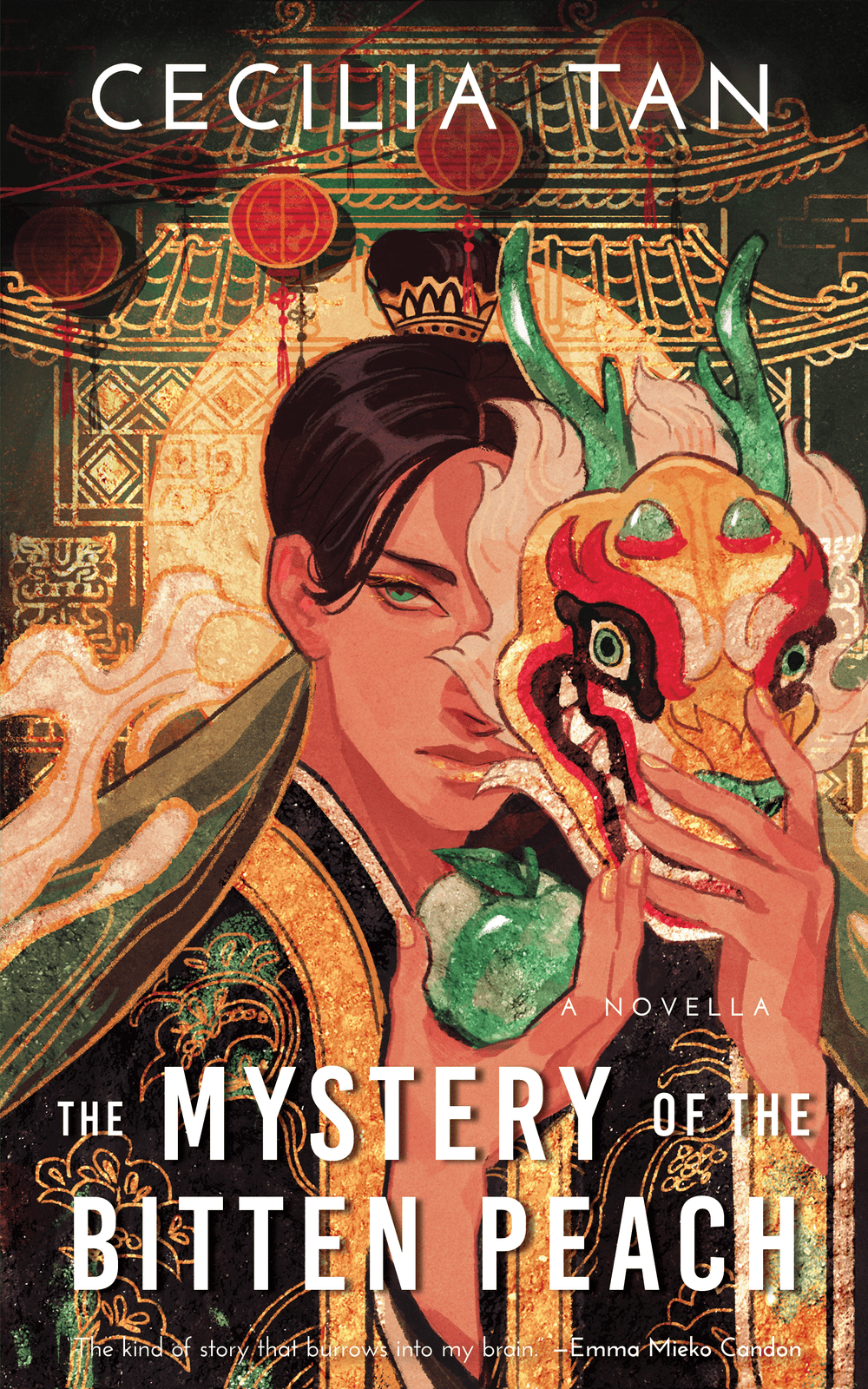 Cover of THe Mystery of the Bitten Peach by Cecilia Tan featuring an illustration by Jenn So of a Chinese woman holding a dragon mask.