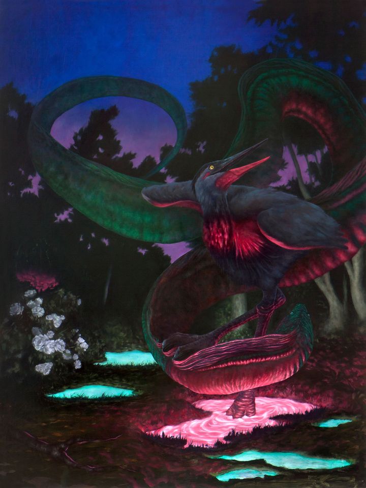 In shades of neon pink and aqua, a heron and an eel fight.