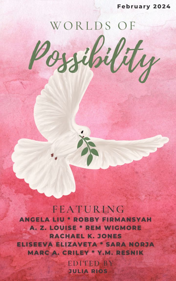 The February 2024 cover of Worlds of Possibiliy featuring stock art of a dove with an olive branch