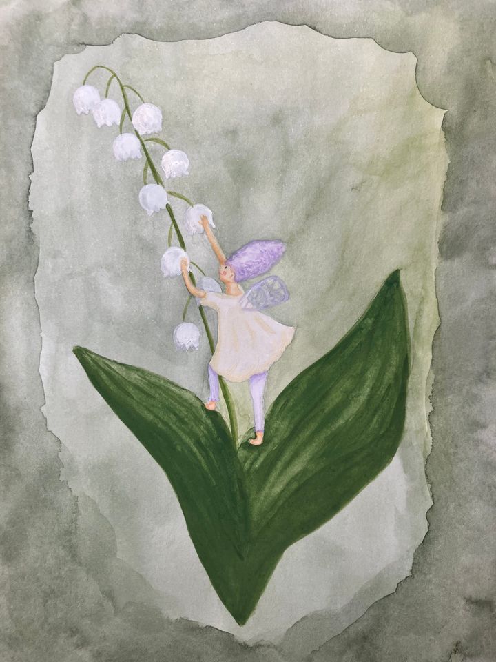 Illustration by Andrea Bures of a fairy in shades of lavender, caught in the act of climbing a lily of the valley.