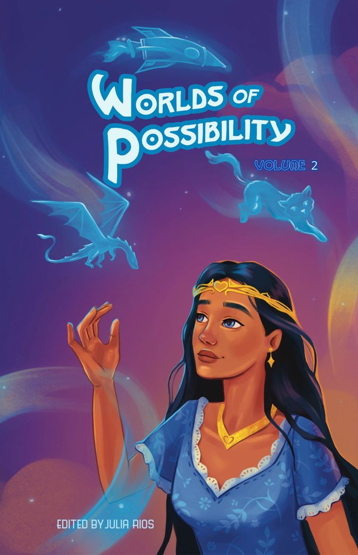 Worlds of Possibility Volume 2 featuring cover art by Julia Kim of a woman looking up and a dragon, a rocket, and a cat.