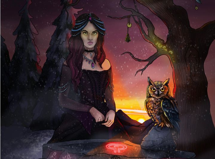 Against a crimson sunset, with snow and mist swirling around, a dark haired fairy lady with yellow eyes stands with an owl at a magical Oath-stone with glowing symbols, preparing to be wed.