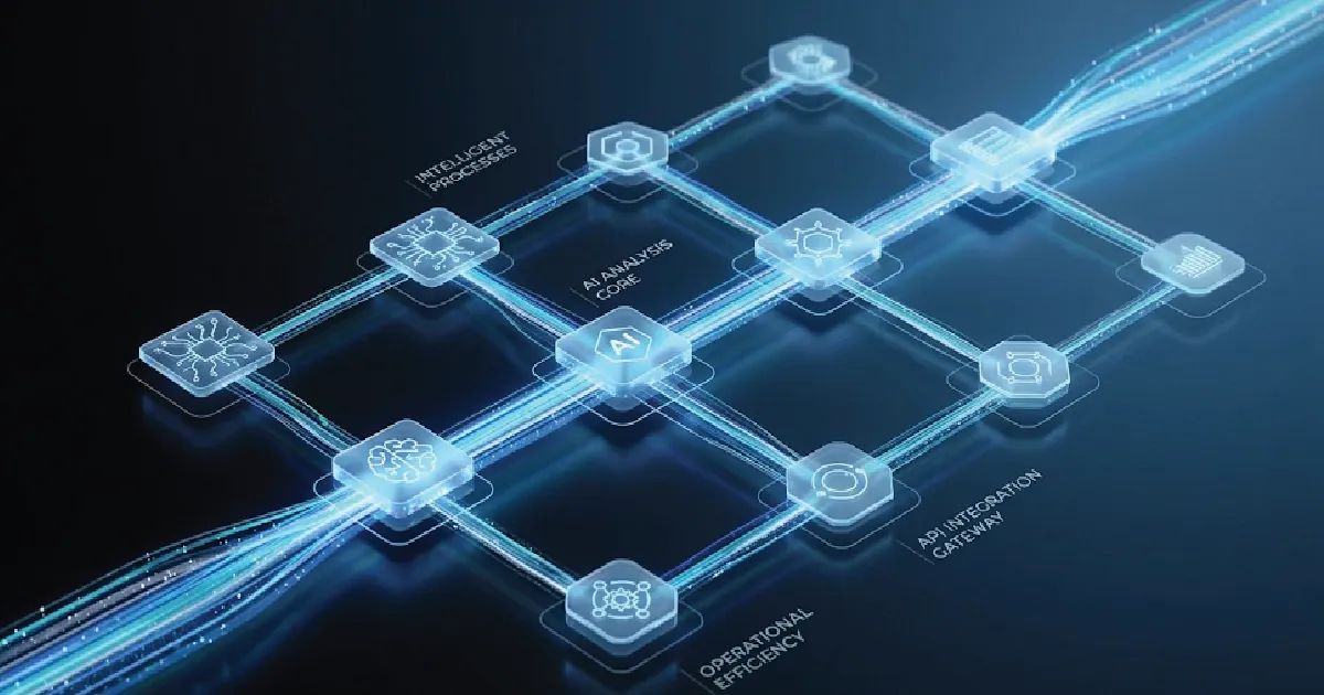 Visual representation of AI-driven business process automation routing data seamlessly through an enterprise architecture.