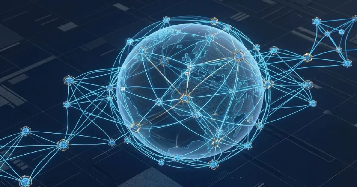 A futuristic 3D visualization of a global digital network representing a structured governance framework with secure data nodes and interconnected filaments.