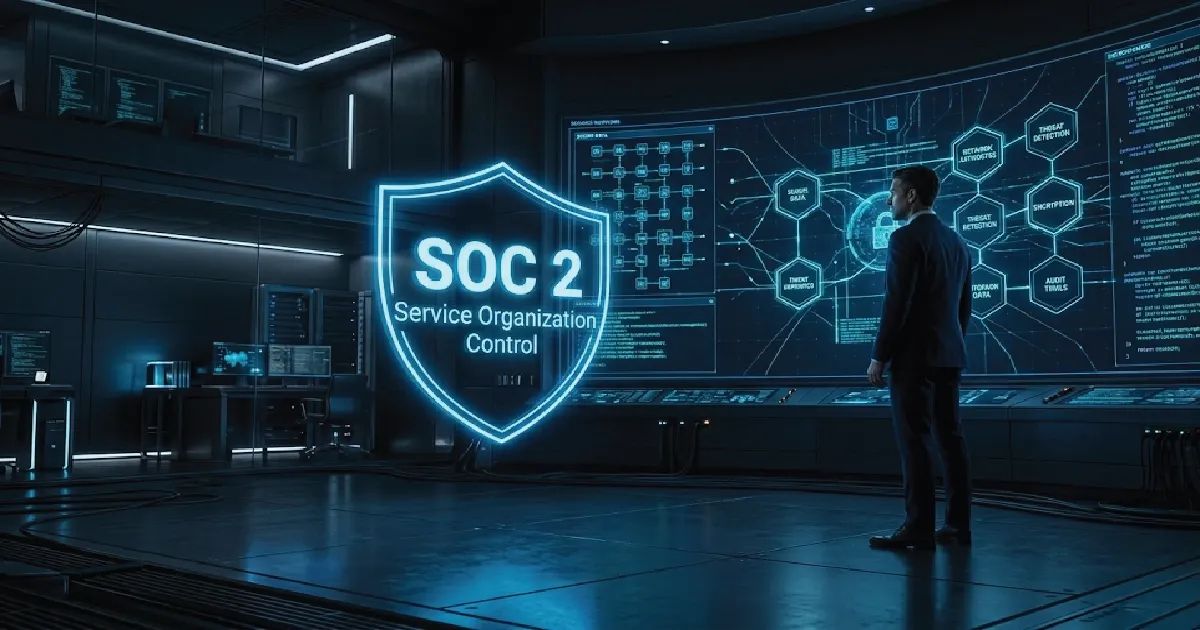 Futuristic CISO command center with a glowing SOC 2 holographic seal and an executive analyzing a secure cloud-native architecture dashboard.
