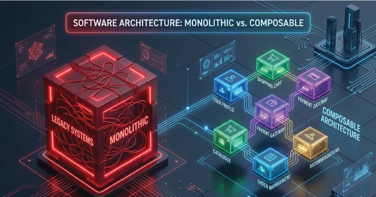 A visual comparison between a heavy monolithic block and an interconnected system of modular blocks representing composable software architecture.