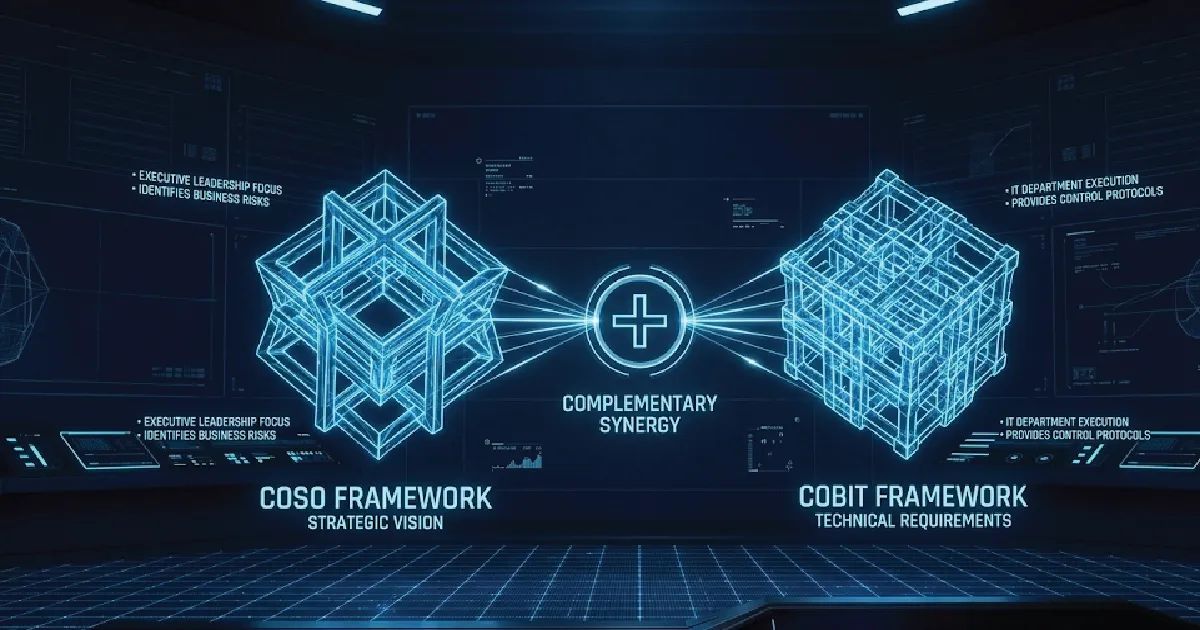 Futuristic digital representation of COSO and COBIT frameworks intersecting in a high-tech command center.