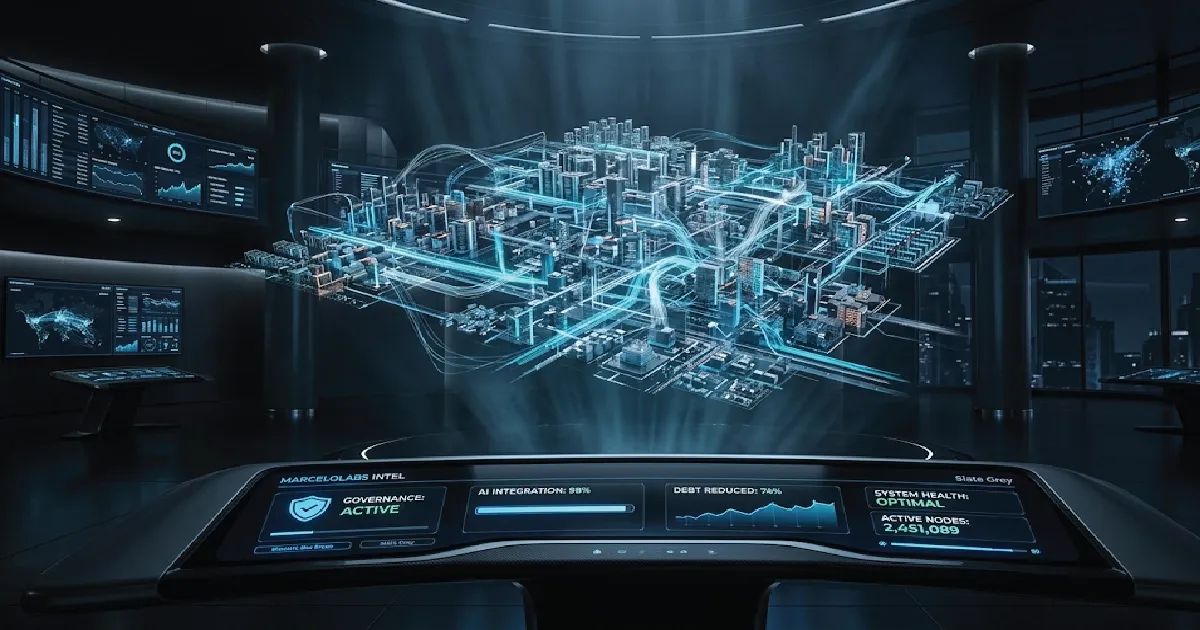 3D holographic digital twin of an enterprise network in a futuristic command center, showing AI integration and governance metrics on a MarceloLabs Intel dashboard.