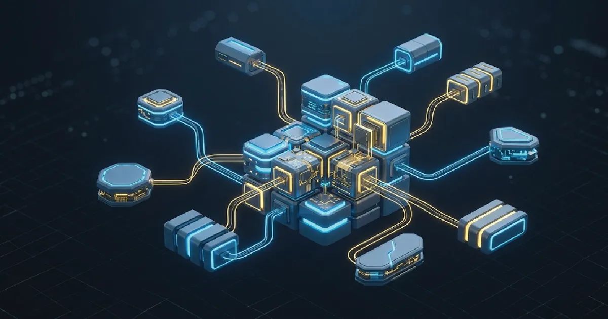 A 3D digital illustration of interconnected modular blocks representing a composable technology architecture with glowing API connectors on a dark technical background.
