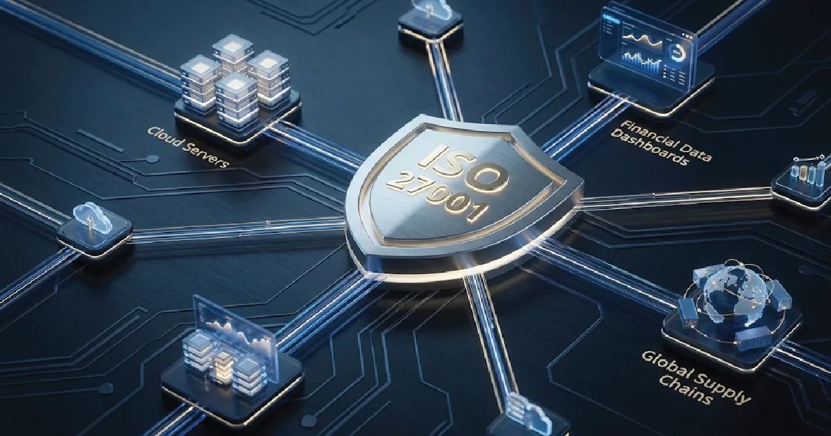 A futuristic digital network centered around a glowing ISO 27001 security shield, representing enterprise trust and compliance.