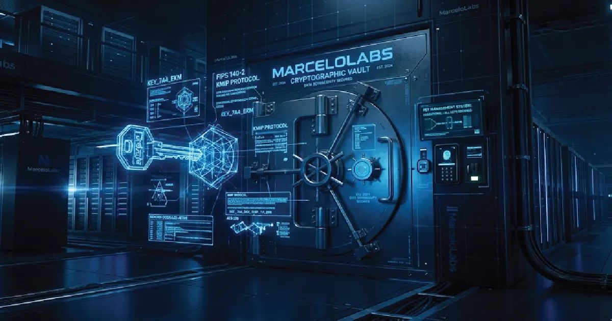 Futuristic cryptographic vault at MarceloLabs showcasing enterprise key management architecture with neon blue digital blueprints and high-tech server racks.