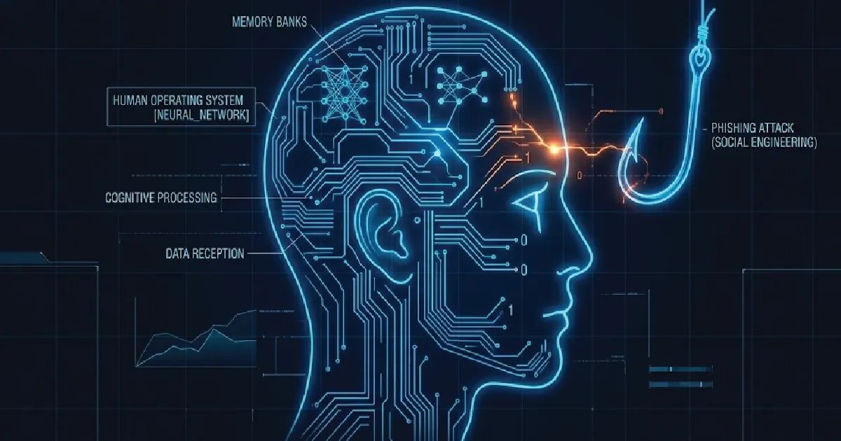 Futuristic digital blueprint showing the intersection of phishing and social engineering tactics within an enterprise architecture.