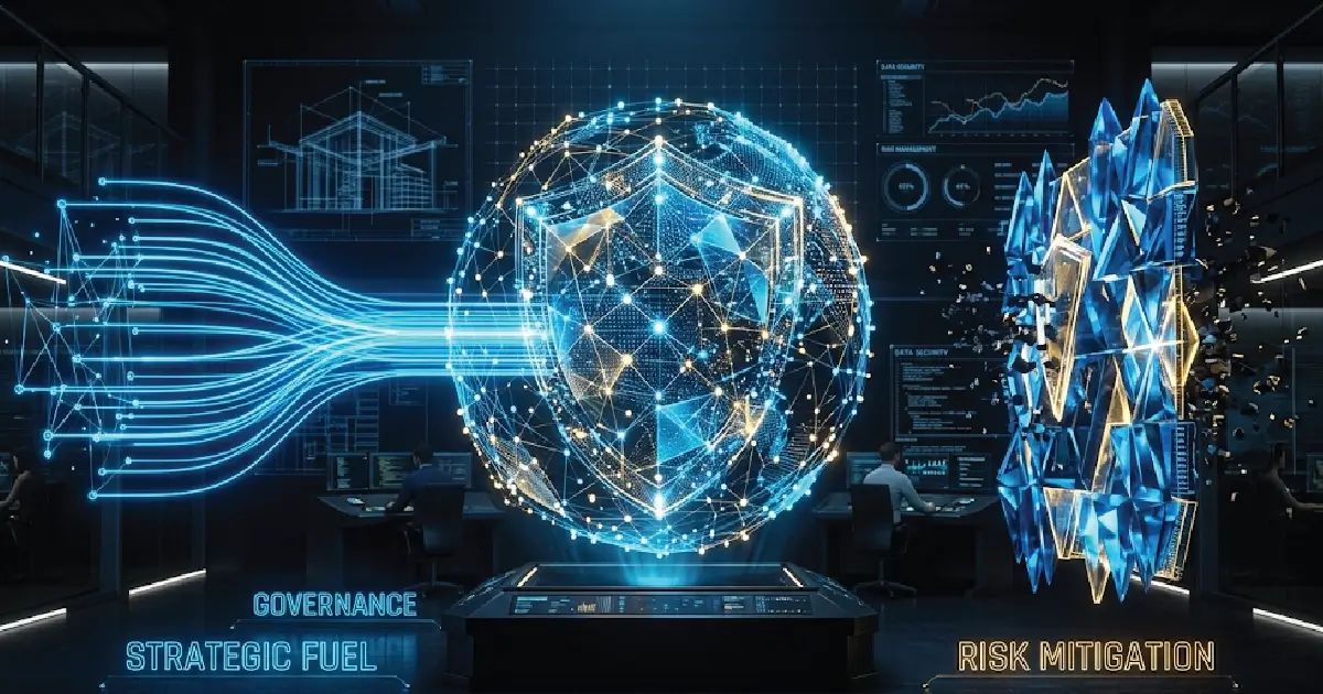 A futuristic digital blueprint of a secure data fortress with glowing interconnected nodes representing governance and risk management layers in an enterprise architecture.