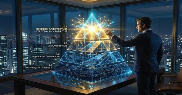 Futuristic boardroom with a holographic display showing Business Architecture (L4) ascending over IT layers, symbolizing strategy-led enterprise design.