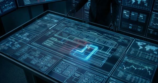 Wide view of a CEO at a futuristic command table, orchestrating a holographic business architecture blueprint and executing radical BPR strategy across global systems.