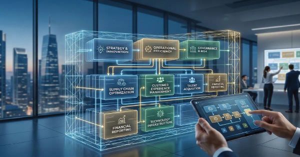 3D Business Process Architecture Framework (BPA framework) holographic cube showing strategic and operational modules in a corporate office. Hands hold a tablet in the foreground.