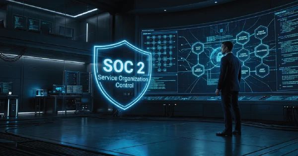 Futuristic CISO command center with a glowing SOC 2 holographic seal and an executive analyzing a secure cloud-native architecture dashboard.