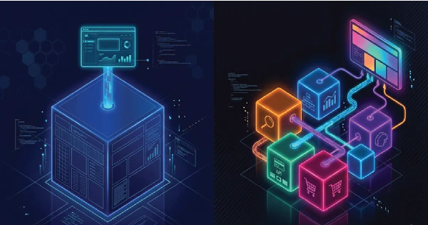 A technical comparison diagram showing the architectural transition from headless commerce to a modular composable commerce ecosystem.