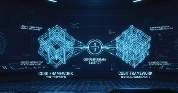 Futuristic digital representation of COSO and COBIT frameworks intersecting in a high-tech command center.