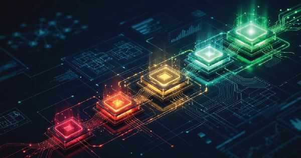 A futuristic digital staircase showing the 5 progressive levels of enterprise architecture maturity on a dark grid background.