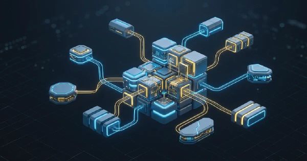 A 3D digital illustration of interconnected modular blocks representing a composable technology architecture with glowing API connectors on a dark technical background.