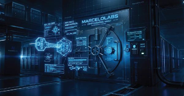 Futuristic cryptographic vault at MarceloLabs showcasing enterprise key management architecture with neon blue digital blueprints and high-tech server racks.
