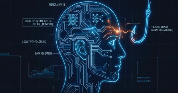Futuristic digital blueprint showing the intersection of phishing and social engineering tactics within an enterprise architecture.