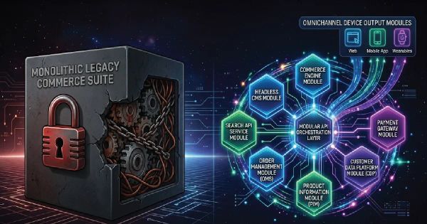 A side-by-side technical infographic comparing a locked and chained "Legacy System" block, representing a rigid monolithic suite, to a vibrant "Composable Commerce" ecosystem.