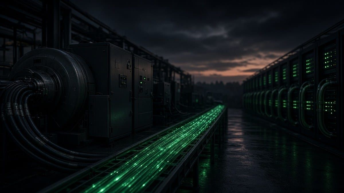 Gas turbine, switchgear, glowing green fiber and server racks at an AI data center at dusk
