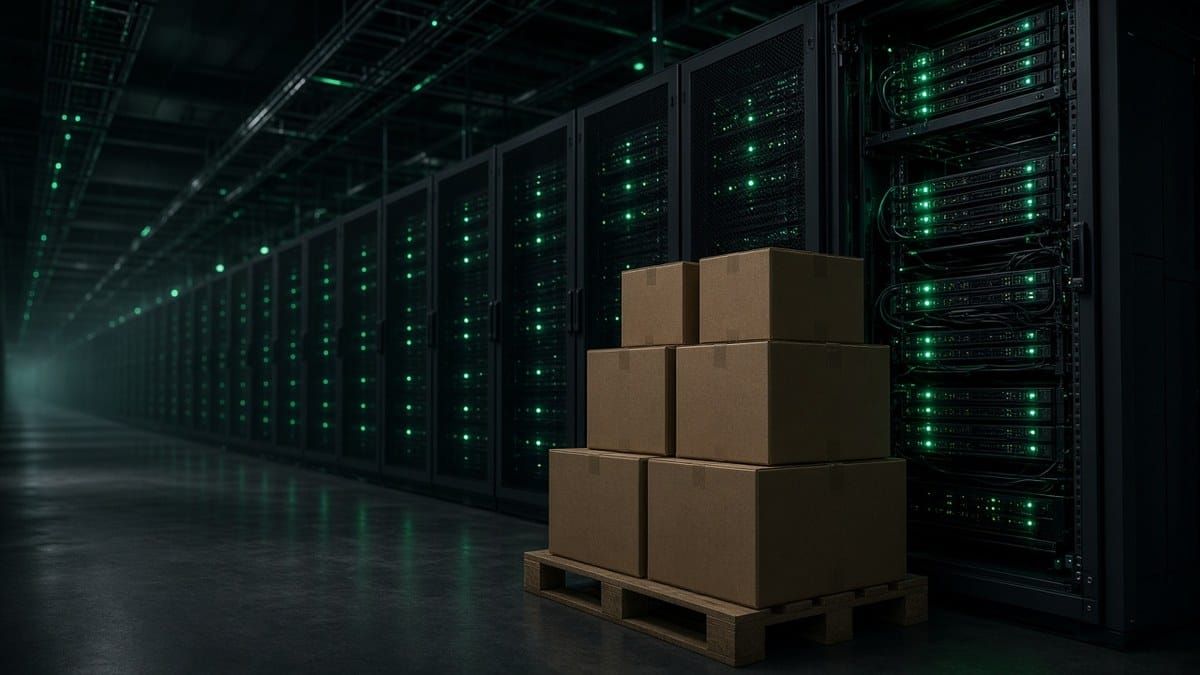 Pallet of plain shipping boxes in a datacenter aisle lined with green-lit server racks