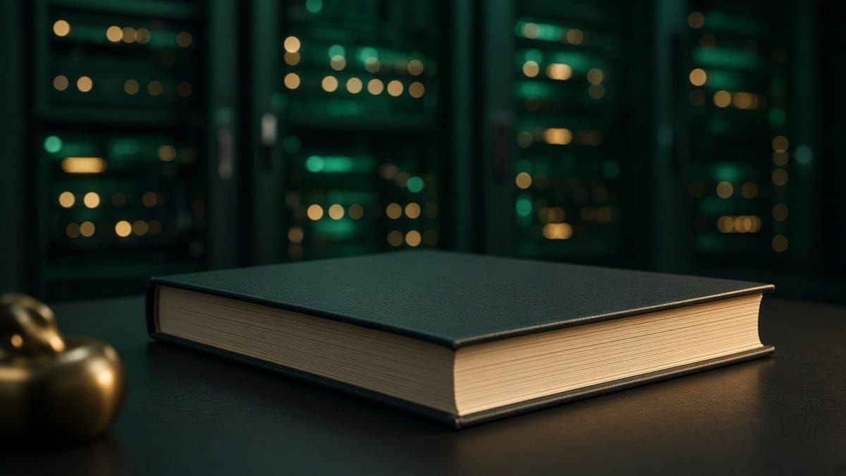 Bound prospectus on a dark desk before emerald-lit data center server racks