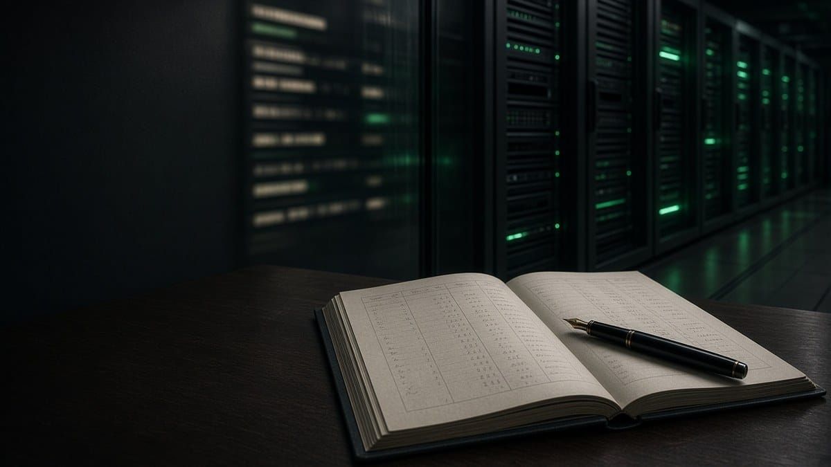 Open ledger and pen on a desk before rows of green-lit datacenter server racks