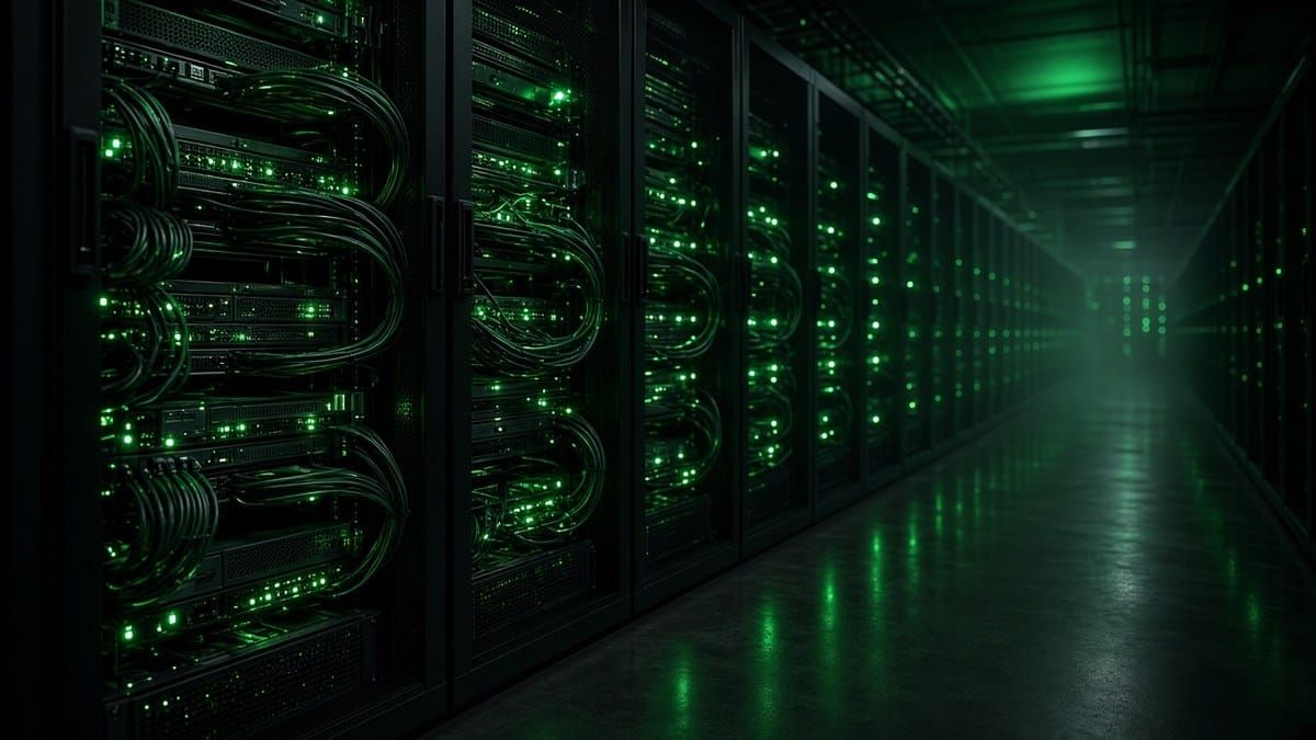 Rows of server racks packed with AI accelerator trays and cabling, lit by green status lights