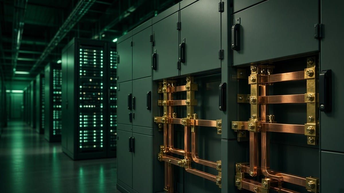 Emerald-lit data center electrical room with copper busbars and server racks