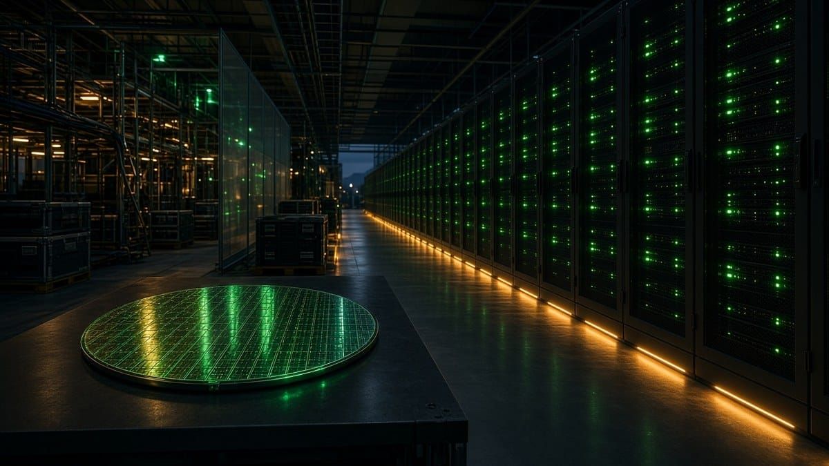 Emerald-lit datacenter under construction, with server racks, scaffolding and a silicon wafer