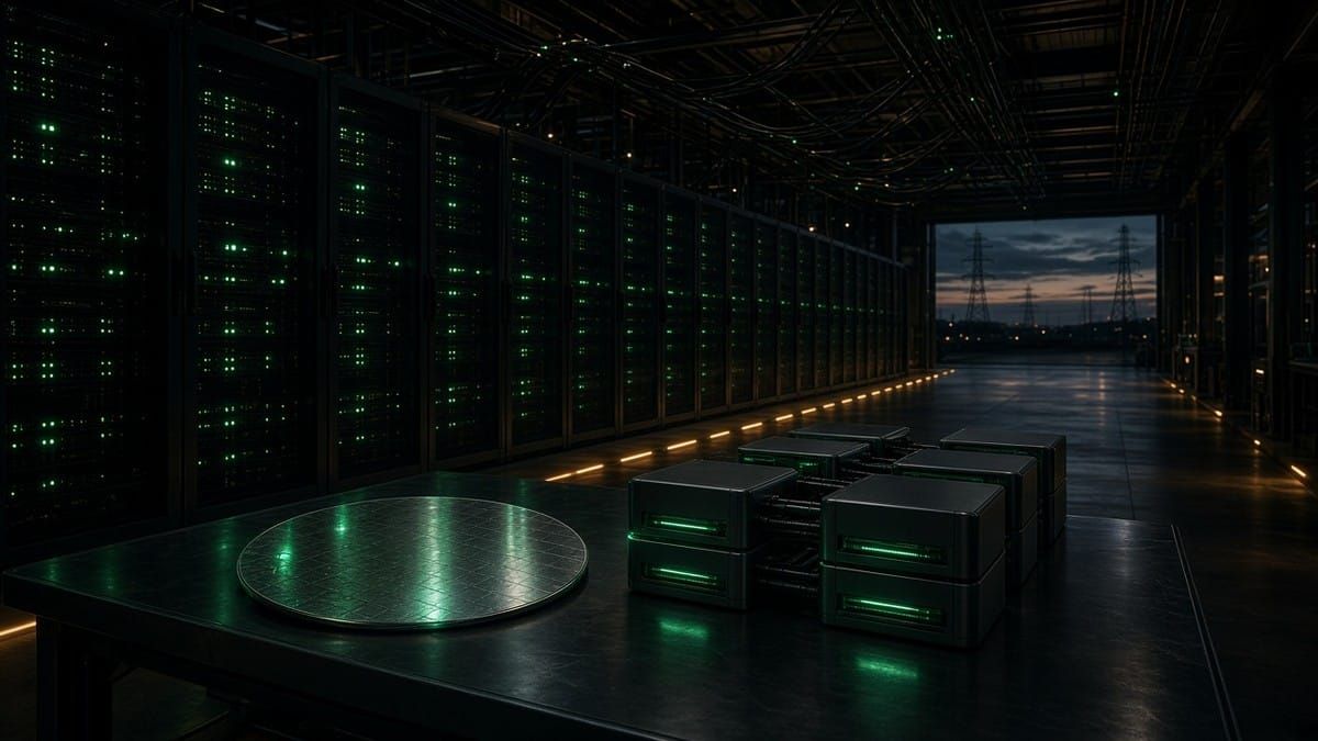 Dark data center hall with emerald-lit server racks, a silicon wafer and fuel-cell power units