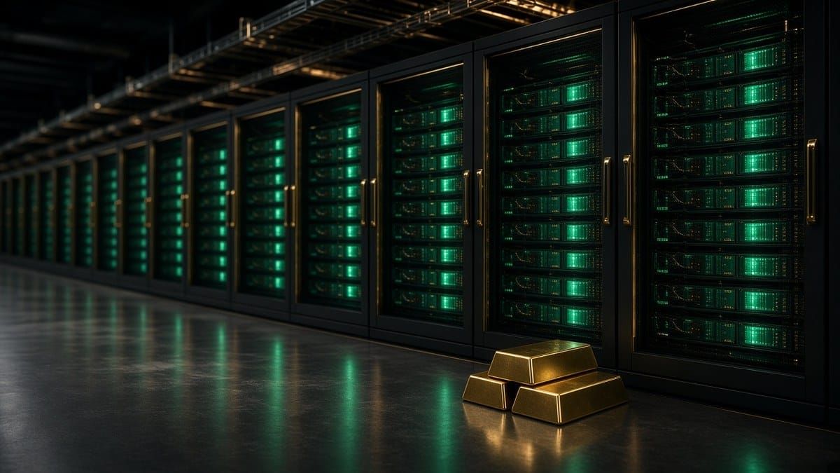 Rows of green-lit GPU server racks in a dark data center aisle, with gold bars on the floor
