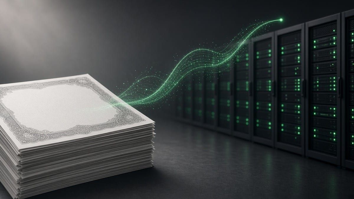 Stack of blank share certificates beside server racks lit with green status lights