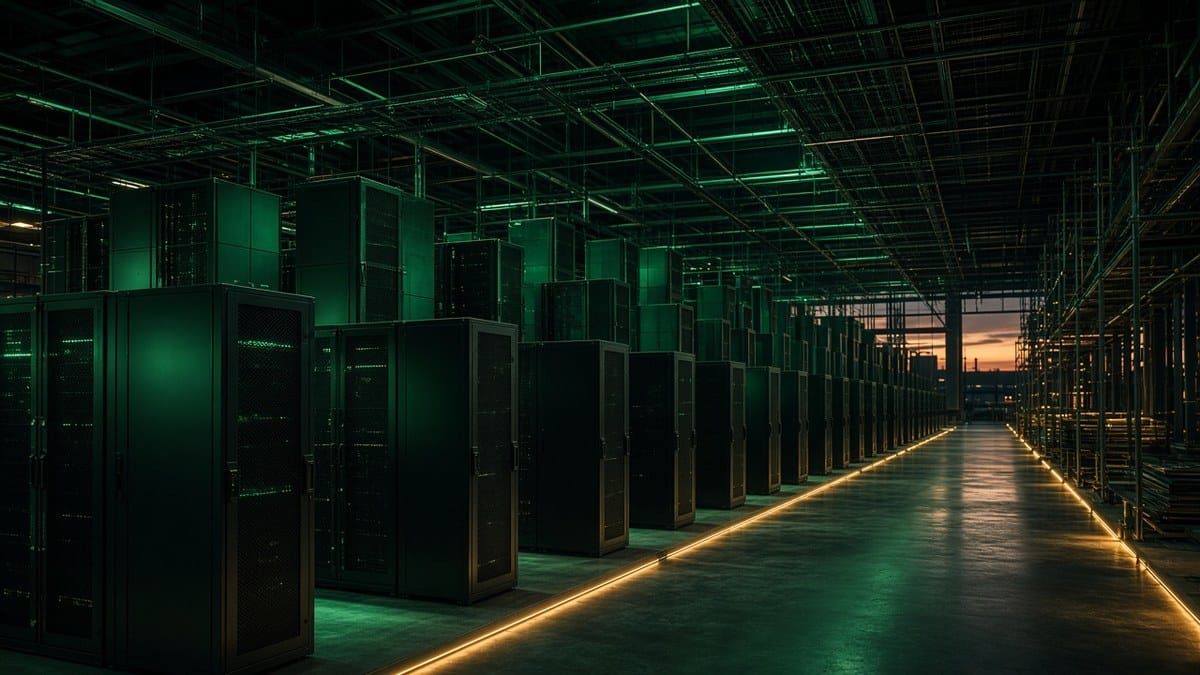 Emerald-lit data center hall with rows of server racks and gold floor lighting