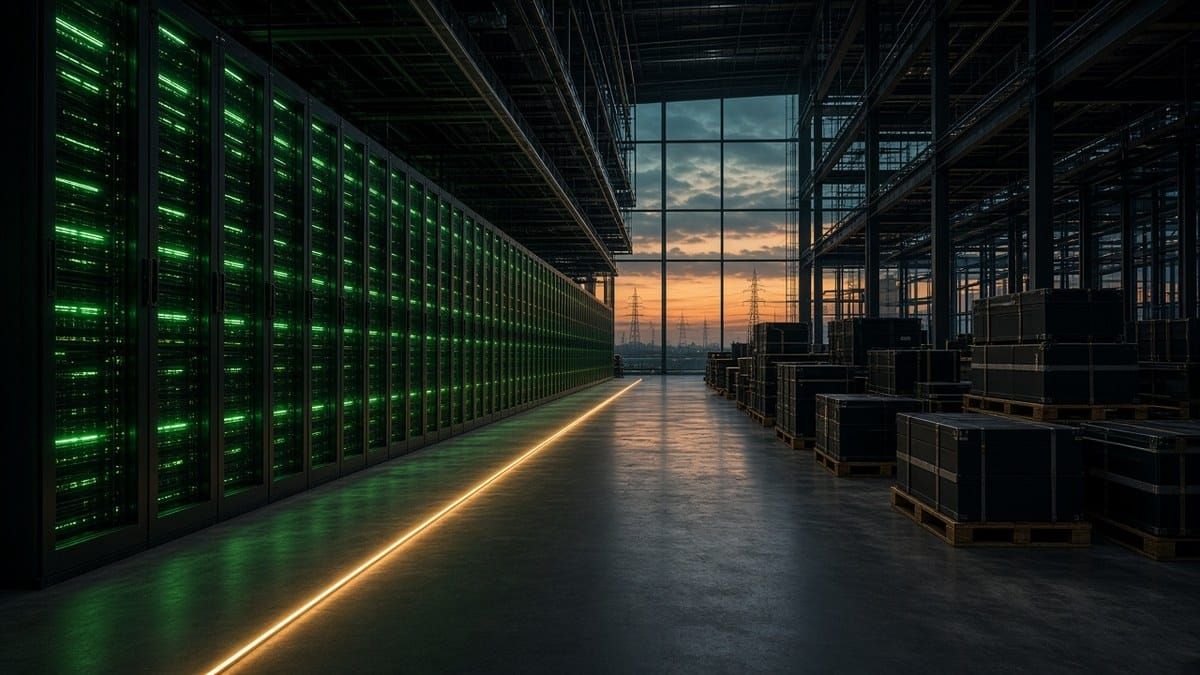 Emerald-lit AI data center hall with server racks, crated gear and power lines at dusk