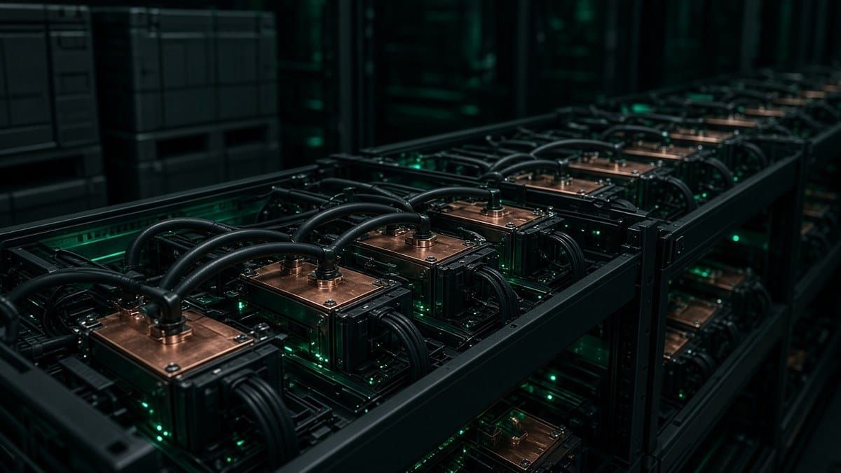 구리 냉각판이 달린 수랭식 GPU 서버 트레이가 녹색 빛 속에 줄지어 있는 데이터센터