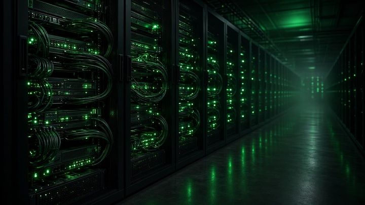 녹색 상태 표시등이 비추는, AI 가속기 트레이와 케이블로 가득 찬 서버 랙 행렬