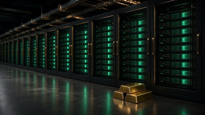 어두운 데이터센터 통로에 녹색 조명의 GPU 서버 랙이 줄지어 있고 바닥에 금괴가 놓인 모습