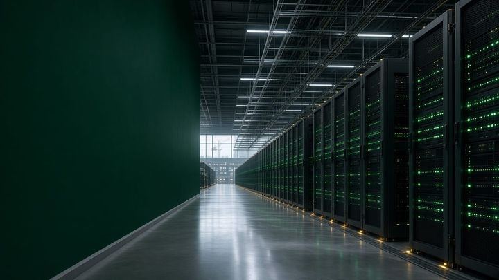 Rows of datacenter server racks with green status lights