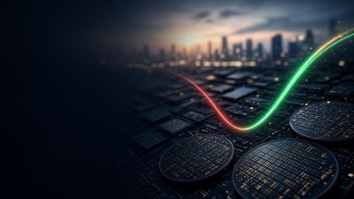 Glowing market line dipping red then rising green over memory chip wafers
