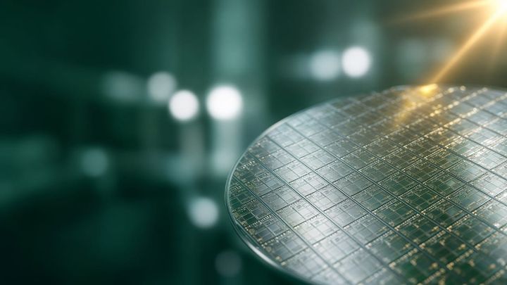Silicon wafer with chip dies under green cleanroom lighting